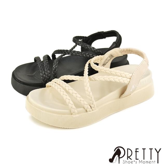 【Pretty】女款質感編織厚底羅馬涼鞋(米色、黑色)