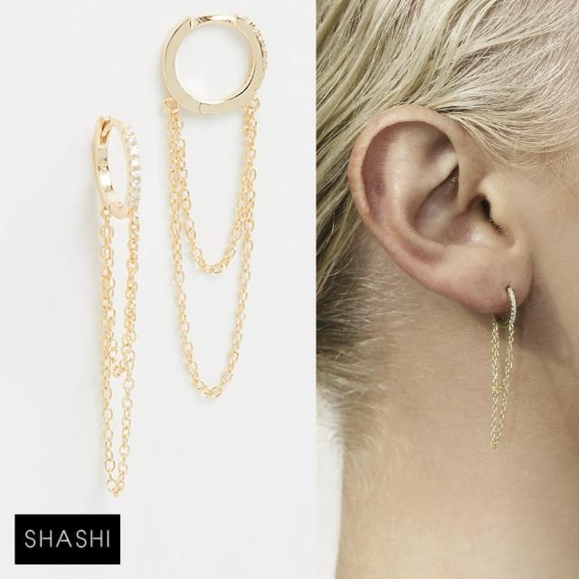 【SHASHI】紐約品牌 Pave Chain 鑲鑽圓形耳環 金色流蘇耳環(流蘇耳環)