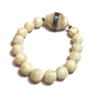 【十方佛教文物】珍珠硨磲鑲綠松石&硨磲手珠13mm