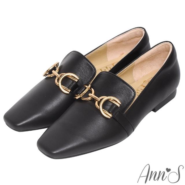 【Ann’S】超柔軟綿羊皮-精品古銅金扣顯瘦小方頭平底鞋(黑)