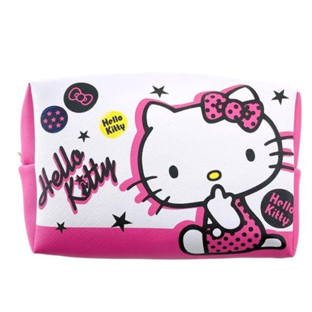 【小禮堂】Hello Kitty 皮質拉鍊化妝包 - 粉白星星款(平輸品)