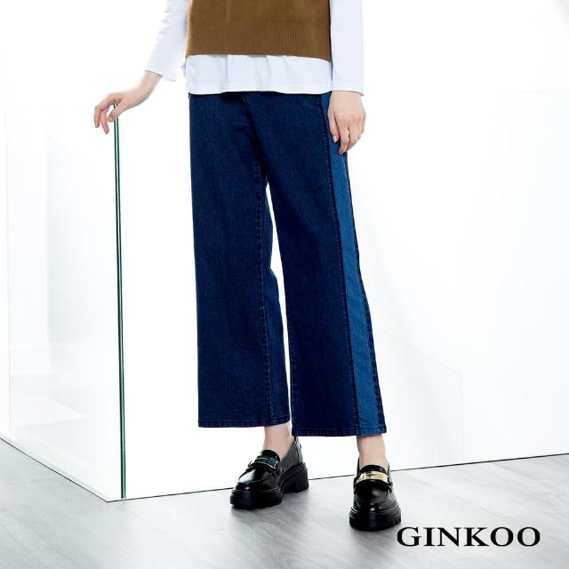 【GINKOO 俊克】側邊拚色牛仔寬褲