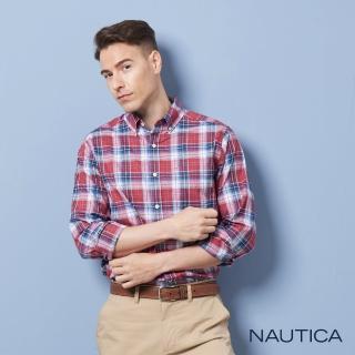 【NAUTICA】男裝 品牌經典格紋長袖襯衫(紅)