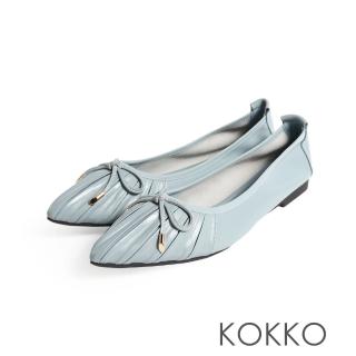 【KOKKO 集團】法式優雅尖頭蝴蝶結綿羊皮芭蕾舞平底鞋(灰藍色)