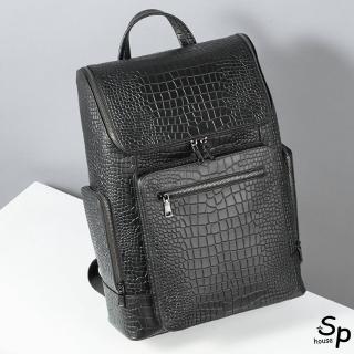 【Sp house】男士鱷魚紋牛皮大容量多夾層外出旅遊後背包電腦包(黑色)