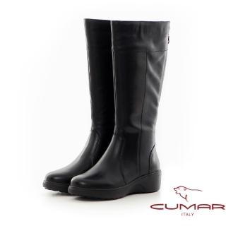 【CUMAR】後拉鍊調整腿圍舒壓厚底真皮長靴(黑色)