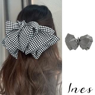 【INES】韓國設計復古幾何黑白棋盤格大蝴蝶結髮夾(棋盤格髮夾 蝴蝶結髮夾)