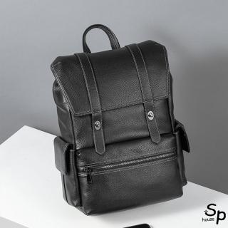 【Sp house】男士多功能學生休閒風牛皮大容量電腦包後背包(黑色)