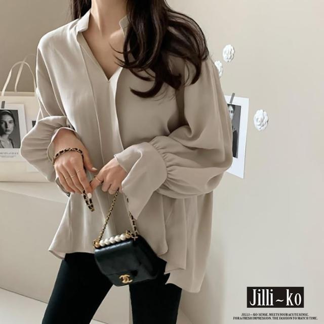 【JILLI-KO】韓國風設計感V領寬鬆垂墜雪紡襯衫-F(淺灰)