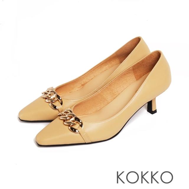 【KOKKO 集團】手感綿羊皮精品鎖鏈方頭細跟鞋(黃色)
