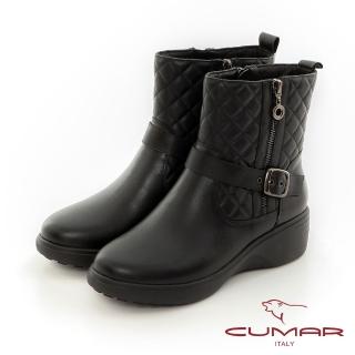 【CUMAR】車格紋舒壓厚底真皮短靴(黑色)