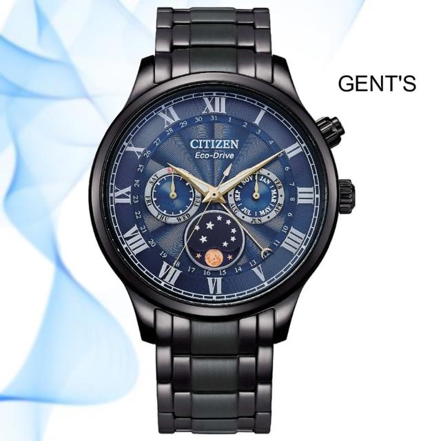 【CITIZEN 星辰】GENTS 光動能不鏽鋼月相顯示紳士腕錶-黑 藍面42mm(AP1055-87L 亞洲限定款)