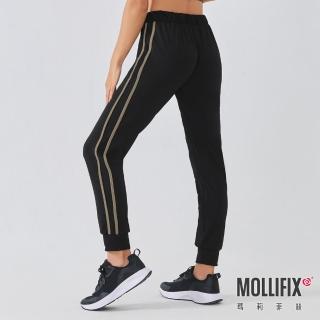 【Mollifix 瑪莉菲絲】跳色包邊束口長褲、瑜珈服、Legging(黑)