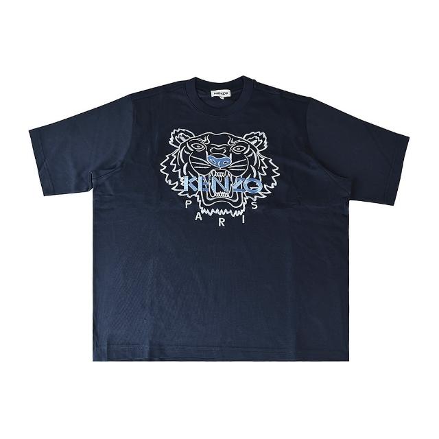 【KENZO】KENZO 藍字刺繡LOGO虎頭設計純棉短袖T恤(男款/藍黑)