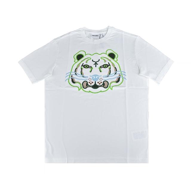 【KENZO】KENZO標籤LOGO虎頭設計純棉短袖圓領T恤(男款/白)
