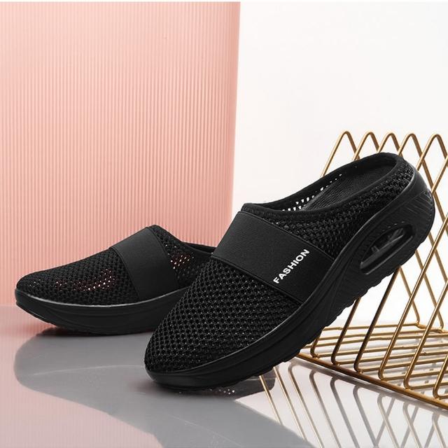 【JC Collection】透氣網布氣墊洞洞半拖鞋休閒鞋(黑、灰、粉)