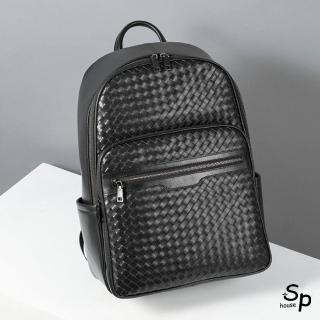 【Sp house】男士手工編織紋牛皮大容量電腦包後背包(黑色)