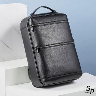 【Sp house】男士純色牛皮雙拉鍊大容量電腦包後背包(黑色)