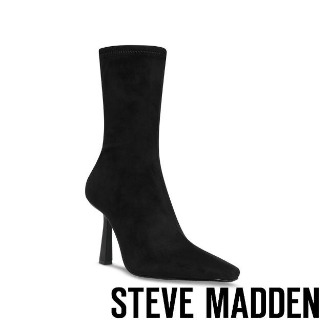 【STEVE MADDEN】VAKAY 絨布小方頭細高跟短筒靴(黑色)