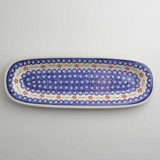 【波蘭陶】Zaklady 長方形餐盤 陶瓷盤 菜盤 托盤 沙拉盤 13X37cm 波蘭手工製(紅點藍花系列)