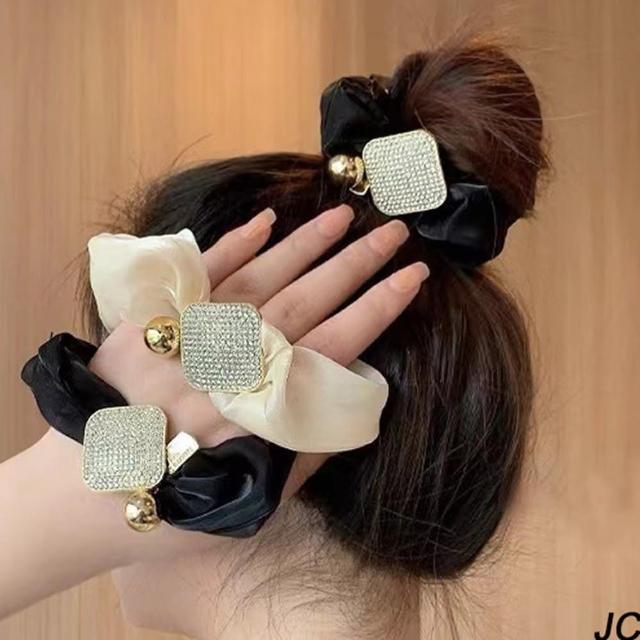 【JC Collection】韓國奢華網紗滿鑽方形造型髮圈(黑色、米色)