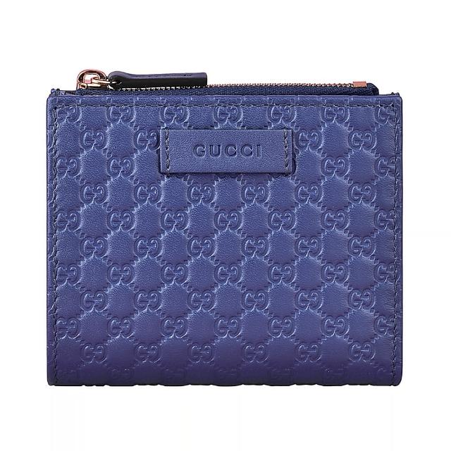【GUCCI 古馳】GUCCI經典Guccissima系列MINI雙G壓紋LOGO牛皮6卡零錢釦式短夾(藍)
