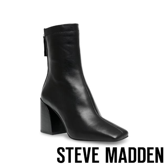 【STEVE MADDEN】CRITICAL 真皮方頭後拉鍊粗跟短筒靴(黑色)