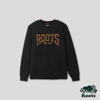 【Roots】Roots 男裝- 格紋風潮系列 文字刷毛布圓領上衣(黑色)