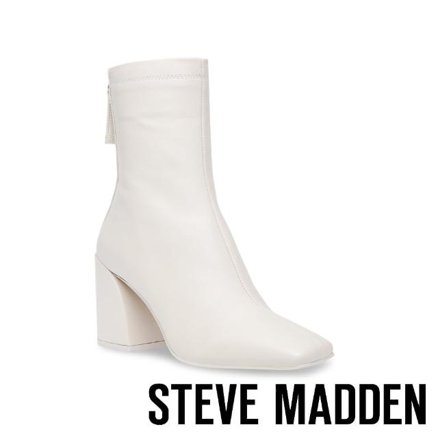 【STEVE MADDEN】CRITICAL 真皮方頭後拉鍊粗跟短筒靴(米白色)