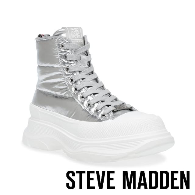 【STEVE MADDEN】CASTER 休閒厚底綁帶短筒靴(銀色)