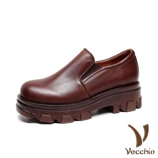【Vecchio】真皮樂福鞋 厚底樂福鞋/真皮頭層牛皮經典復古素色厚底休閒樂福鞋(咖)