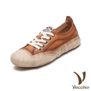 【Vecchio】真皮休閒鞋 牛皮休閒鞋/真皮頭層牛皮復古純色繫帶個性休閒鞋(橘)