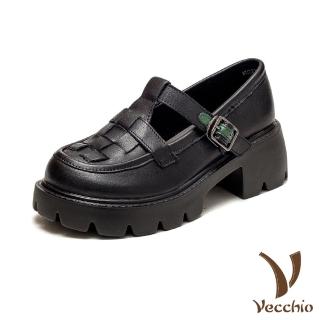 【Vecchio】真皮休閒鞋 粗跟休閒鞋/真皮頭層牛皮幾何復古編織T字釦帶造型粗跟休閒鞋(黑)