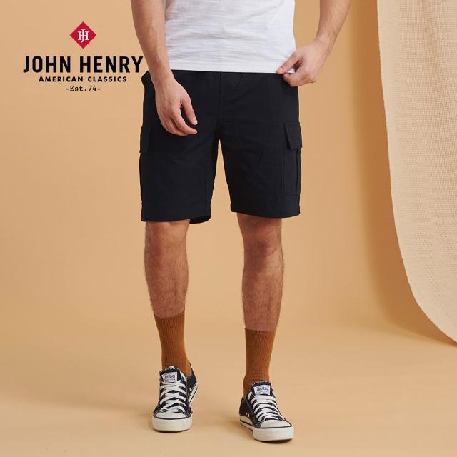 【JOHN HENRY】抽繩麻棉LOGO刺繡短褲-黑