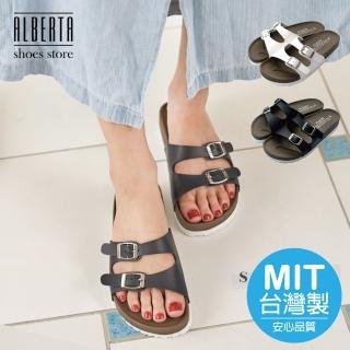【Alberta】MIT台灣製 3.5cm拖鞋 休閒百搭雙排扣 皮革厚底圓頭涼拖鞋