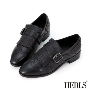 【HERLS】皮鞋-設計款全真皮單釦橫帶睫毛流蘇低跟皮鞋(黑色)