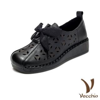 【Vecchio】真皮休閒鞋 坡跟休閒鞋/真皮頭層牛皮幾何縷空蝴蝶結綁帶舒適方頭坡跟休閒鞋(黑)