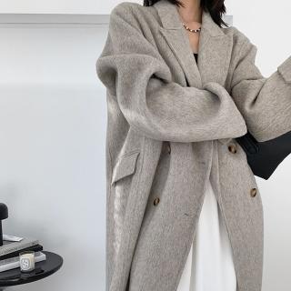 【巴黎精品】毛呢大衣羊毛外套(長版雙排扣寬鬆休閒女外套2色p1aq47)