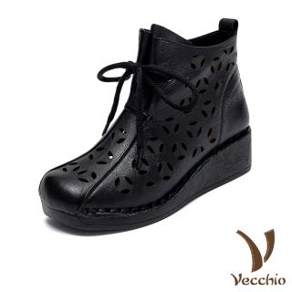 【Vecchio】真皮短靴 坡跟短靴 縷空短靴/真皮頭層牛皮幾何縷空典雅復古繫帶坡跟短靴(黑)