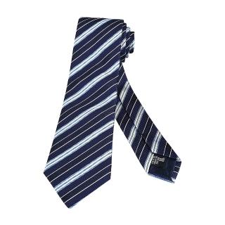 【EMPORIO ARMANI】EMPORIO ARMANI字母LOGO斜條紋緹花設計真絲領帶(寬版/海軍藍x白)