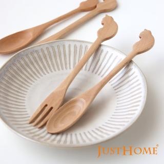 【Just Home】貓咪款-自然原木櫸木餐叉匙4件組(原木露營餐具)