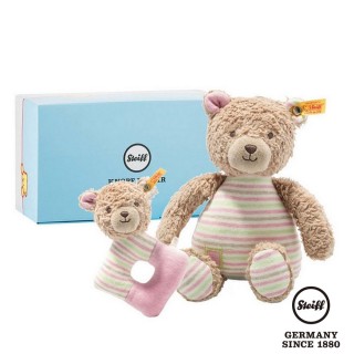 【STEIFF】Rosy Teddy Bear 可愛小熊女孩 玩偶&手搖鈴(彌月禮盒)