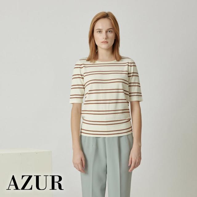 【AZUR】五分袖柔軟橫紋針織上衣