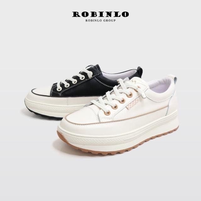 【Robinlo】復古俏皮真皮厚底休閒鞋小白鞋JAKE(極簡黑/焦糖奶霜白)