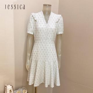 【JESSICA】優雅立體褶皺V領修身寬擺短袖蕾絲洋裝223472