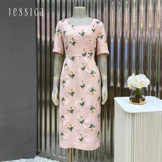 【JESSICA】時尚減齡柔軟修身蓬蓬袖印花洋裝22337C