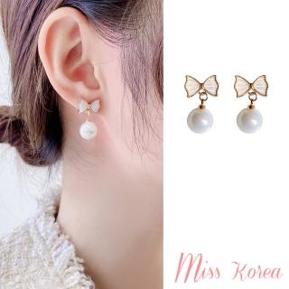 【MISS KOREA】韓國設計925銀針法式復古浪漫貝殼蝴蝶結珍珠耳環(925銀針耳環 貝殼耳環 蝴蝶結耳環)