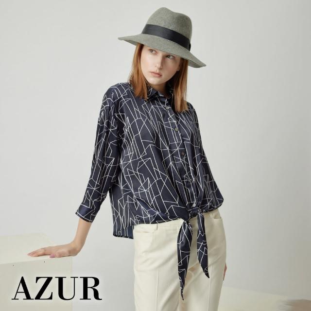 【AZUR】緞面幾何線條綁結襯衫
