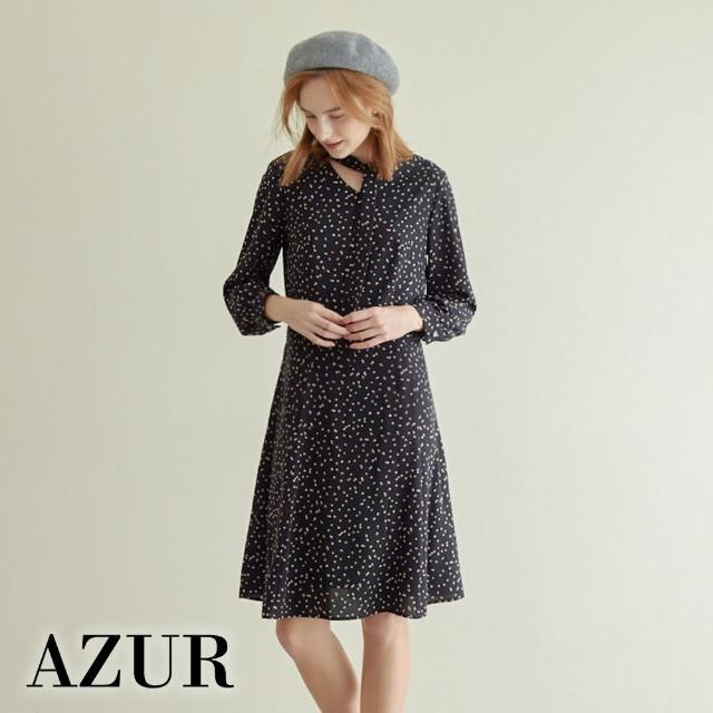 【AZUR】Chic綁帶點點印花短洋裝