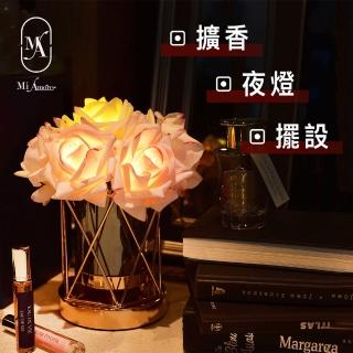 【愛莯】6 朵玫瑰花LED夜燈菱形玻璃花瓶系列(香氛夜燈)